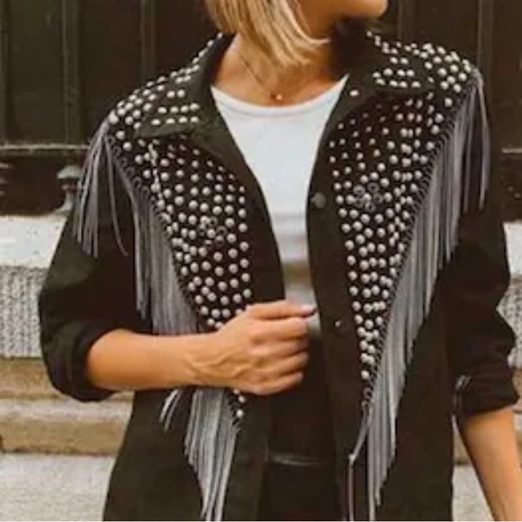 371. LAST 1! DENIM BLACK STUD FRINGE JACKET CLEARANCE - Picture 4 of 6